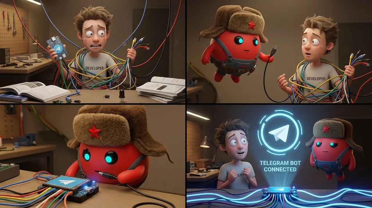 3D мем: Clawd Bot в ушанке запускает Telegram-бота одним движением